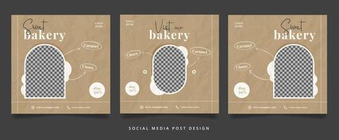 Set aus braunem Bäckerei-Flyer oder Social-Media-Banner mit zerknitterter Papierstruktur vektor