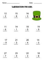 subtraktion med söt grön hatt. pedagogiskt matematikspel för barn. vektor