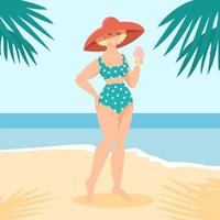 Flache Vektorillustration einer jungen Frau, die einen mintfarbenen und weißen gepunkteten Bikini und einen großen Hut im Retro-Pinup-Stil trägt. weibliche Figur am Strand Sommer Hintergrund mit Palmblättern und Meer vektor