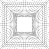 Rasterraum in Perspektive, Vektordarstellung im 3D-Stil. Innendrahtgitter aus schwarzen Linien, Vorlageninnenquadrat, digitale leere Box. abstrakter geometrischer Designhintergrund vektor