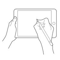 Übergeben Sie Zeichnung mit einem elektronischen Bleistift auf einem Tablettennotengerät. Gesten-Symbol für Tablets. vektor