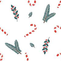 jul seamless mönster med gran grenar, sockerrör klubbor och röda bär på en vit bakgrund. festlig bakgrund för utskrift på papper, tyg, textilier, förpackningar. vektor