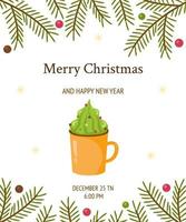 jul och nyår gratulationskort med gran grenar, en mugg med vispgrädde och färgade droppar. söta festliga vinter vektorillustration. för inbjudan, banderoll, omslag, flygblad. vektor