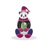 Weihnachtskarte mit Pandabär mit Tannenzweigen. in warmer Winterkleidung, Mütze, Schal und Filzstiefeln. vektorillustration für design und dekor, banner vektor