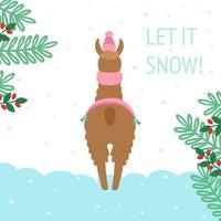 julkort med en söt lama eller alpacka på vintern, i en varm halsduk, bakifrån. med inskriptionen låt det snöa. dekorerad med grangrenar med bär. vektor mysig illustration.