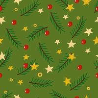 Weihnachtsnahtloses Muster mit Tannenzweigen, gelben Sternen und roten Beeren auf grünem Hintergrund. festlicher hintergrund zum bedrucken von papier, stoff, textilien, verpackungen. vektor