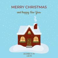 jul och nyår gratulationskort med ett sött rött hus på en blå bakgrund. söt vinter vektorillustration. för inbjudan, banderoll, omslag, flygblad. vektor