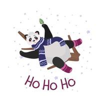 ho-ho-ho, eine Weihnachtskarte mit einem Pandabären auf einem Baum und einer Inschrift. in warmer Winterkleidung, Schal und Socken. vektorillustration für design und dekor, banner vektor