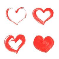 Satz von vier handgezeichneten roten Herzen, isoliert auf weiss. Aquarell- oder Acrylmaleffekt. Grunge-Herz-Vektor-Illustration. valentinstag thema. vektor