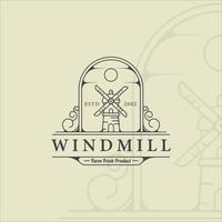 Windmühle Logo Strichzeichnungen einfache minimalistische Vektor Illustration Vorlage Symbol Grafikdesign. Baulandwirtschaft Zeichen oder Symbol für Unternehmen mit Retro-Abzeichen-Konzept