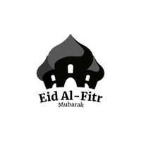 eid al-fitr mubarak titeltext. schwarze Schriftfarbe und Moscheensilhouette auf weißem Hintergrund vektor