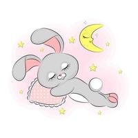 kanin sover på en kudde omgiven av stjärnor, för baby shower, påskkortstryck, textil, t-shirt förpackningsdesign, ljus söt baby vektorillustration vektor