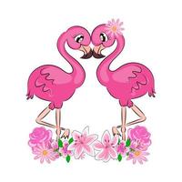Flamingos ein Paar süße rosa Flamingos mit süßen Augen mit Flimmerhärchen, mit Blumen, ein schöner Kartendruck auf Textilien auf einem T-Shirt auf der Verpackung vektor
