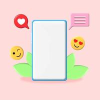 Smartphone mit leerem Bildschirm 3d für soziale Medien, Online-Kommunikationskonzept, Emoticons, Herzen, Chat, Vektorillustration vektor