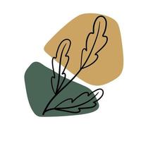 Pflanze auf dem Hintergrund farbiger Flecken. schwarzer botanischer Eichenzweig und lila und grünes geometrisches abstraktes Muster in einem minimalistischen Stil. Linie Doodle-Objekt vektor