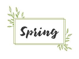 Frühlingsbeschriftung. Vektor-Illustration mit Textur auf weißem Hintergrund. ein Rahmen aus grünen Zweigen und Blättern. vektor