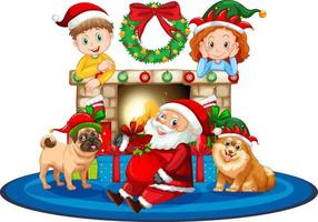 jultomten sitter framför eldstaden med barn och hundar vektor