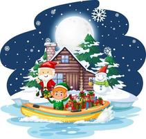 verschneite Nacht mit Elfen, die Geschenke mit dem Boot liefern vektor