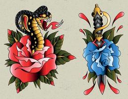 kobra und rose ein dolch rose traditionelles tattoo vektor