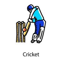 man med fladdermus och wickets som betecknar doodle-ikonen för cricket vektor