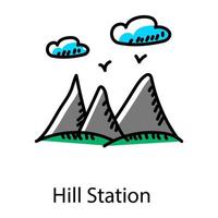 Wolken und Berge bezeichnen die handgezeichnete Ikone der Bergstation vektor
