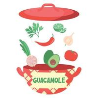 ingredienser till guacamole. avokado, chilipeppar, tomater, lök, vitlök, lime och koriander. Mexikansk avokadosås i en röd kruka isolerad på en vit bakgrund. vektor