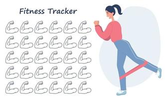 30 dagars sportutmaning. fitness tracker. ung flicka tränar med motstånd band loop. styrketräningsrutin hemma. vektor