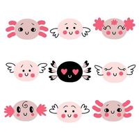 Doodle-Sammlung von Axolotl-Gesichtern mit unterschiedlichen Emotionen. vektor
