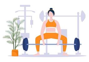Workout-Fitnessstudio-Leute, die Hanteln und Gewicht heben, auf dem Laufband joggen, Sport, Wellness oder Fitness in flacher Poster-Hintergrundillustration