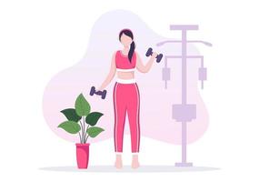 Workout-Fitnessstudio-Leute, die Hanteln und Gewicht heben, auf dem Laufband joggen, Sport, Wellness oder Fitness in flacher Poster-Hintergrundillustration vektor