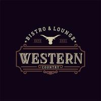 vintage-emblem für westliche bar oder restaurant mit inspiration für das logo-design mit langem horn-symbol vektor