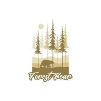 kiefernwald mit bärensilhouette-logo-design immergrüner ruhiger waldinnenraum vektor