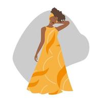 Porträt einer schönen Afroamerikanerin im gelben langen Kleid. minimalistisches boho-stilporträt für modernes plakatdesign, t-shirt-design, modenschaueinladungen vektor