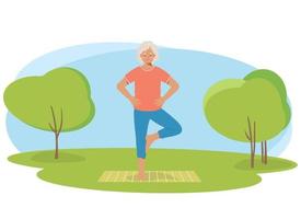 äldre kvinna gör yoga i naturen vektor