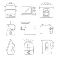 Kleingeräte für Küche und Haushalt. Haushaltsgeräte skizzieren die Symbole, die auf weißem Hintergrund isoliert sind. vektorillustration der lebensmittelzubereitungsausrüstung vektor