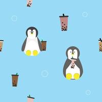 Süßer Pinguin trinkt Bubble Tea nahtloses Muster für Druck oder Stoff vektor