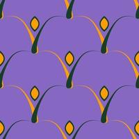 Nahtloses Muster mit grünen und orangefarbenen stilisierten Blättern auf violettem Hintergrund. junger grüner Spross. Konzept des Naturschutzes, der Ökologie und der Landwirtschaft. Vektor-Illustration. vektor
