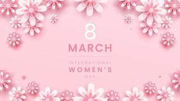 8. März Hintergrund. Blumenschmuck zum internationalen Frauentag im Stil der Papierkunst mit Rahmen aus Blumengrußkarte auf pastellrosa Ton. Vektor-Illustration