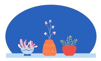 vektor banner, bakgrund med inomhusväxter i färgglada krukor i boho stil. lummiga inomhusväxter som växer i blomvaser. vacker interiör med inredning. Hem. platt illustration