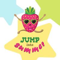kort med frasen hoppa in i sommaren. glada hoppande jordgubbe gör sportövningar. vektor
