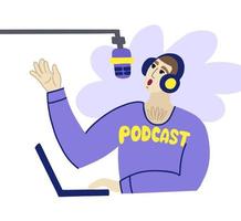 ein mann moderiert einen podcast mit kopfhörern mit mikrofon und einem laptop vektor