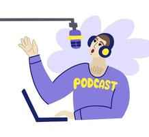 en man är värd för en podcast med hörlurar med en mikrofon och en bärbar dator vektor