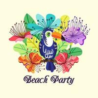 Einladung zu einer Strandparty mit tropischen Blumen, exotischen Blättern und Tukan. vektor