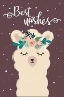 Feiertagskarte mit niedlichem Cartoon-Lama und Slogan. Alpaka trägt Blumenkranz mit Schneeflocken zurück. Vektor, isoliert. schöne Grüße. handgezeichnete Abbildung
