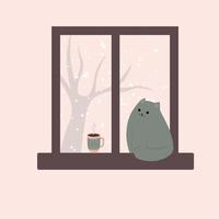 süße katze am fenster und heißer kaffee tee kakao. gemütlicher Winter. Illustration im Cartoon-Stil. vektor