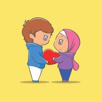 niedliche Illustration eines muslimischen Paares von Angesicht zu Angesicht mit einem Geschenk des Liebeskissens vektor