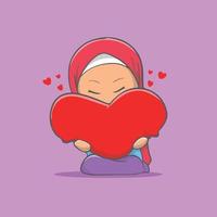 söt islamisk flicka självvård illustration håller stor hjärta kudde vektor