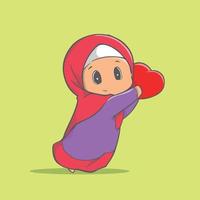 süße illustration eines muslimischen mädchens, das hijab verwendet, der herzkissen spielt vektor
