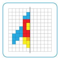 Bild Reflexion Lernspiel für Kinder. lernen, symmetrische Arbeitsblätter für Vorschulaktivitäten auszufüllen. Ausmalen von Rasterseiten, visuelle Wahrnehmung und Pixelkunst. Beenden Sie die Weltraumrakete. vektor