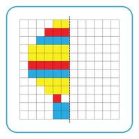 bild reflektion pedagogiskt spel för barn. lära sig att fylla i symmetriska arbetsblad för förskoleverksamhet. målarbilder, visuell perception och pixelkonst. avsluta varmluftsballongerna. vektor